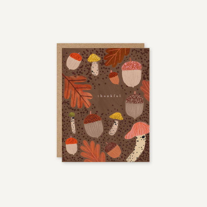 Thankful - Happy Thanksgiving Card, Acorns, Leaves & Mushrooms Seasonal Card